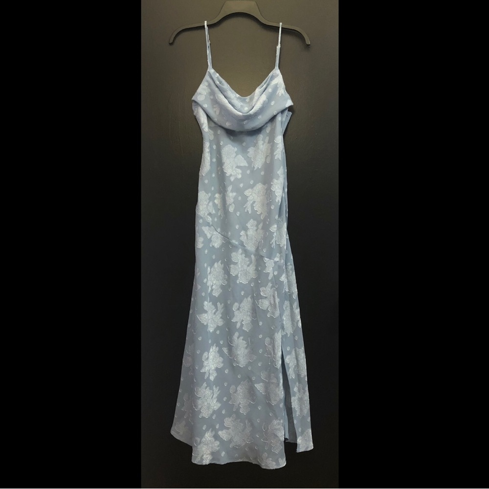The Veda Satin Cowl Neck Slip Dress - Light Blue Floral